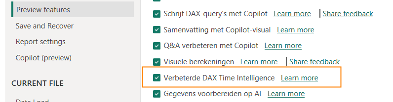  Enhanced DAX Time Intelligence inschakelen