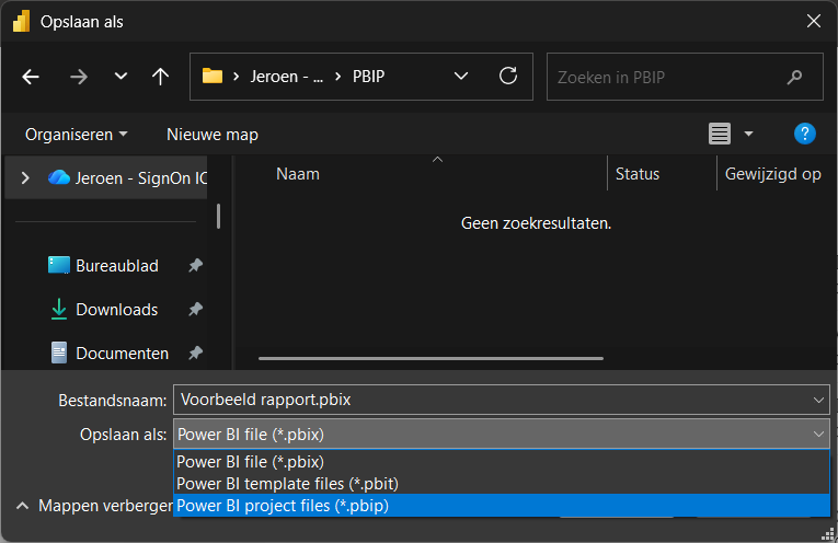 Sla het .pbix rapport op als Power BI project file (PBIP) 